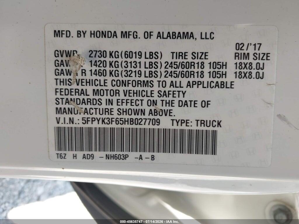 5FPYK3F65HB027709 2017 HONDA RIDGELINE photo no. 9