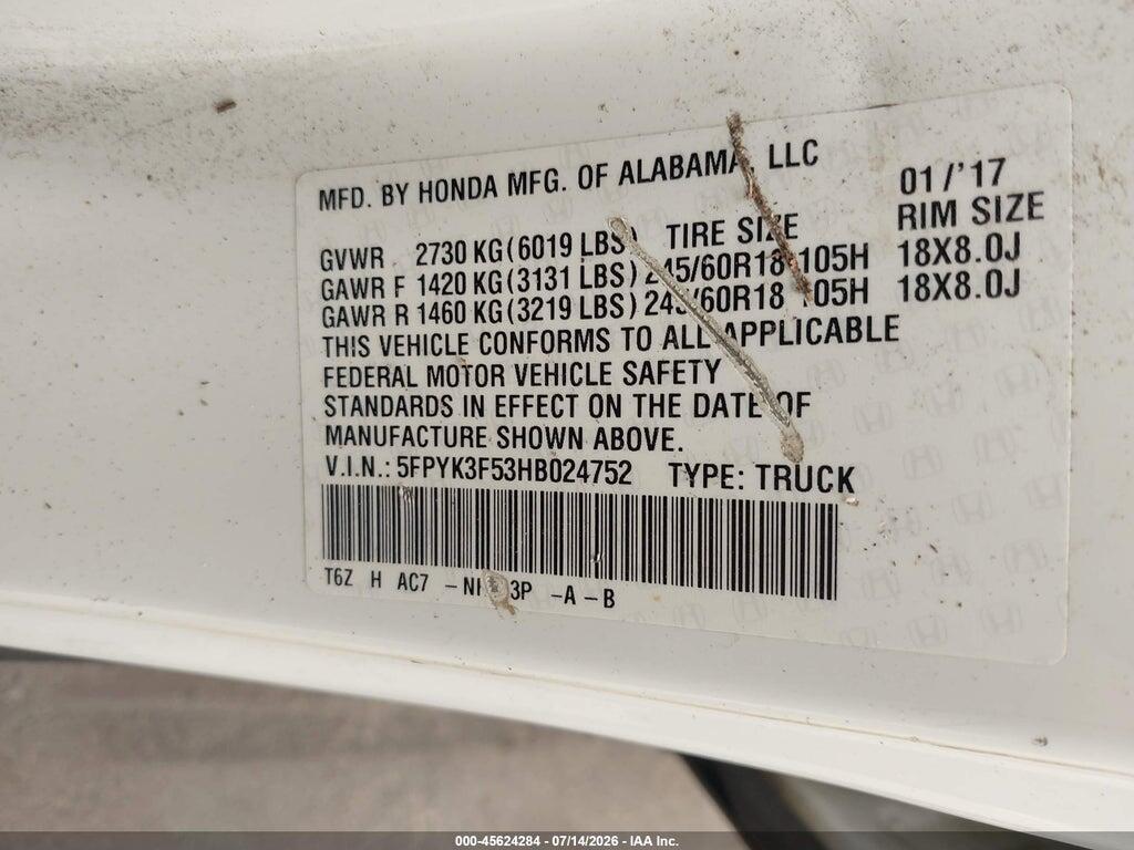 5FPYK3F53HB024752 2017 HONDA RIDGELINE photo no. 9