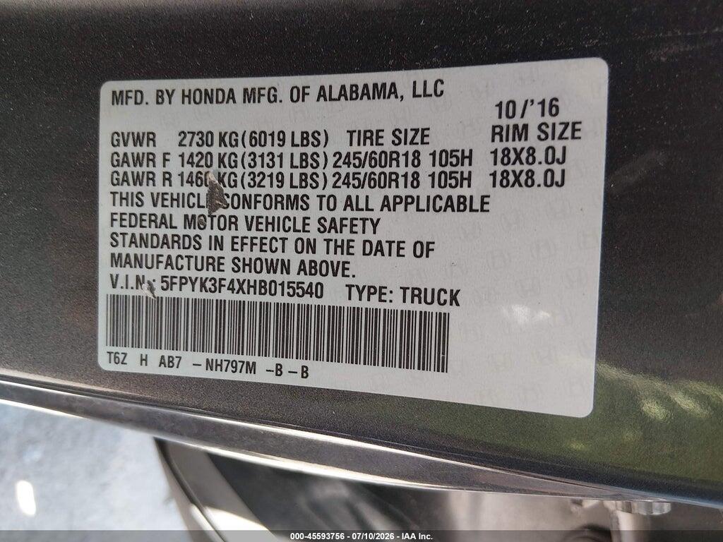 5FPYK3F4XHB015540 2017 HONDA RIDGELINE photo no. 9