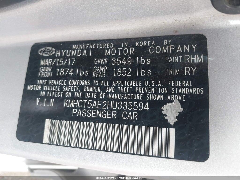 KMHCT5AE2HU335594 2017 HYUNDAI ACCENT photo no. 9