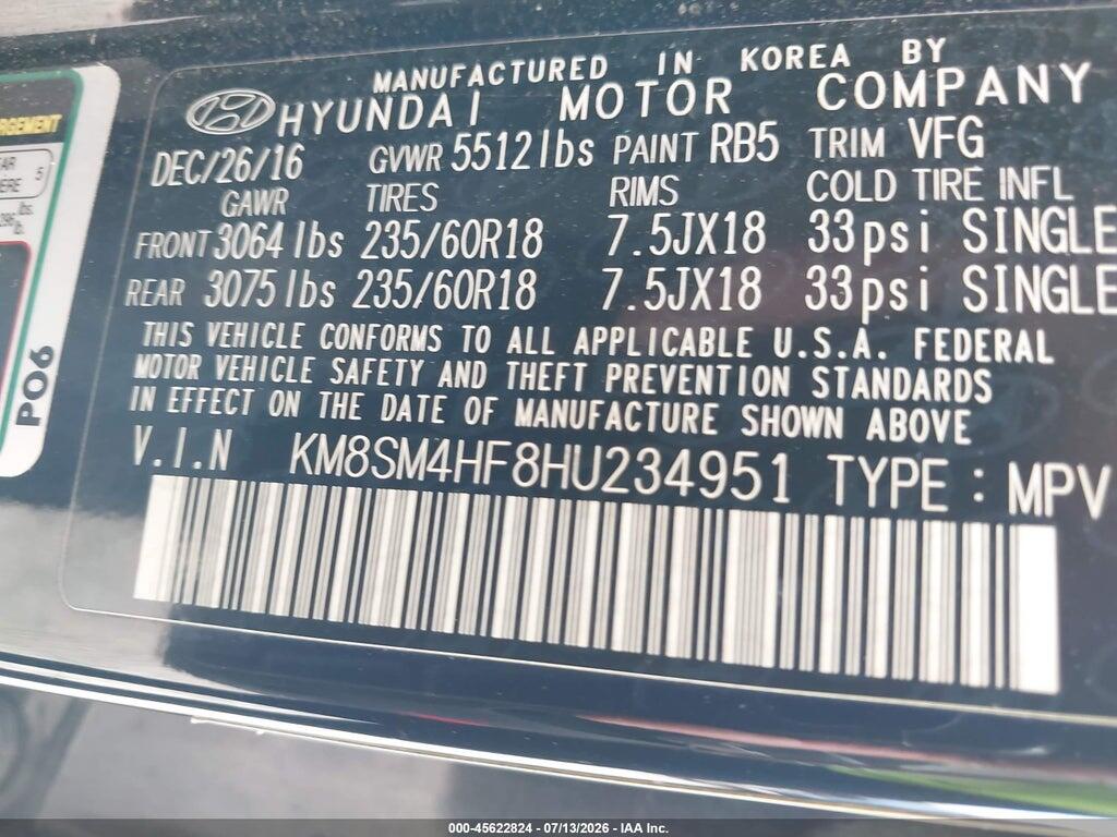 KM8SM4HF8HU234951 2017 HYUNDAI SANTA FE photo no. 9