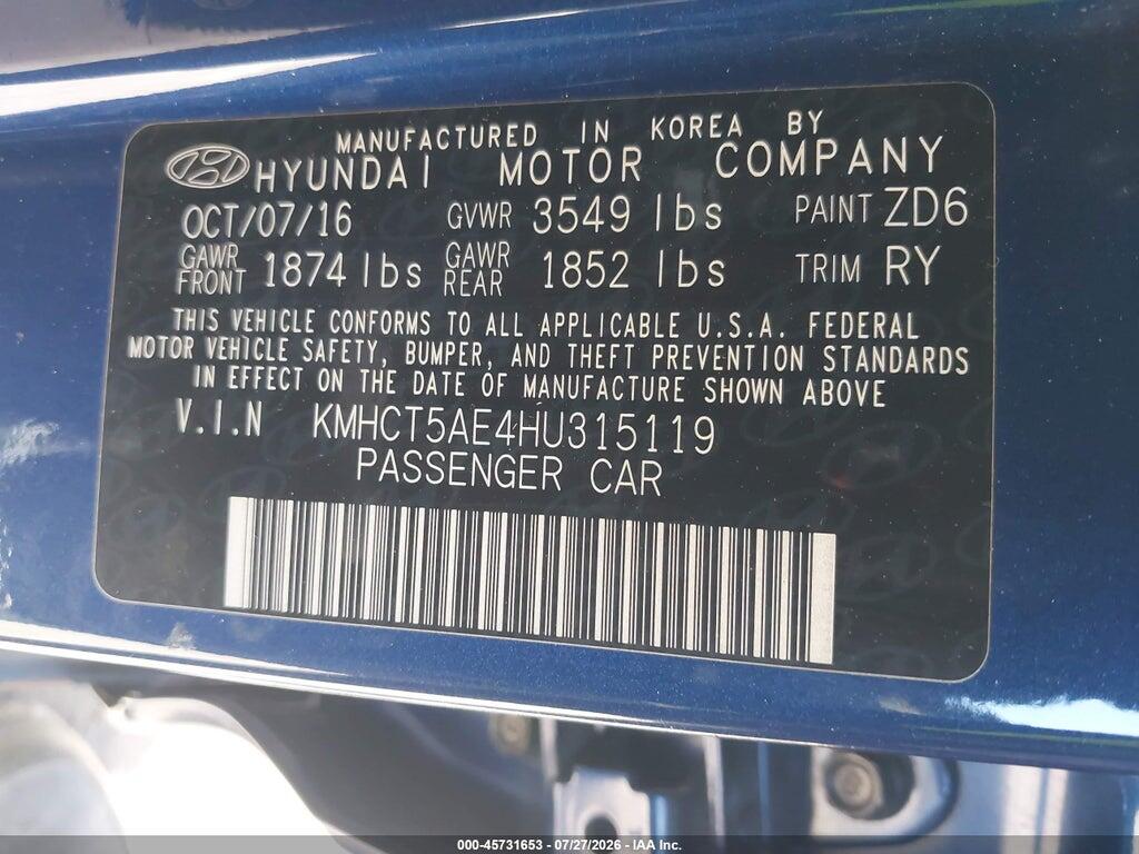 KMHCT5AE4HU315119 2017 HYUNDAI ACCENT photo no. 9