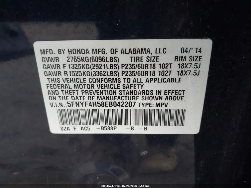 5FNYF4H58EB042207 2014 HONDA PILOT photo no. 9