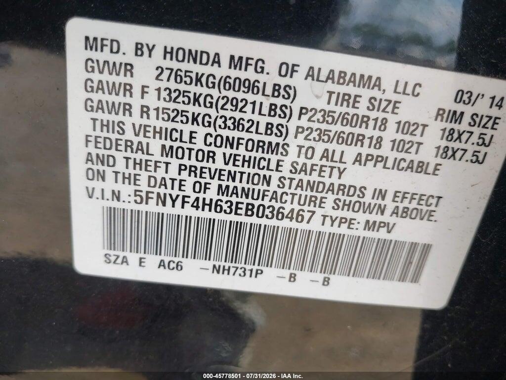 5FNYF4H63EB036467 2014 HONDA PILOT photo no. 9