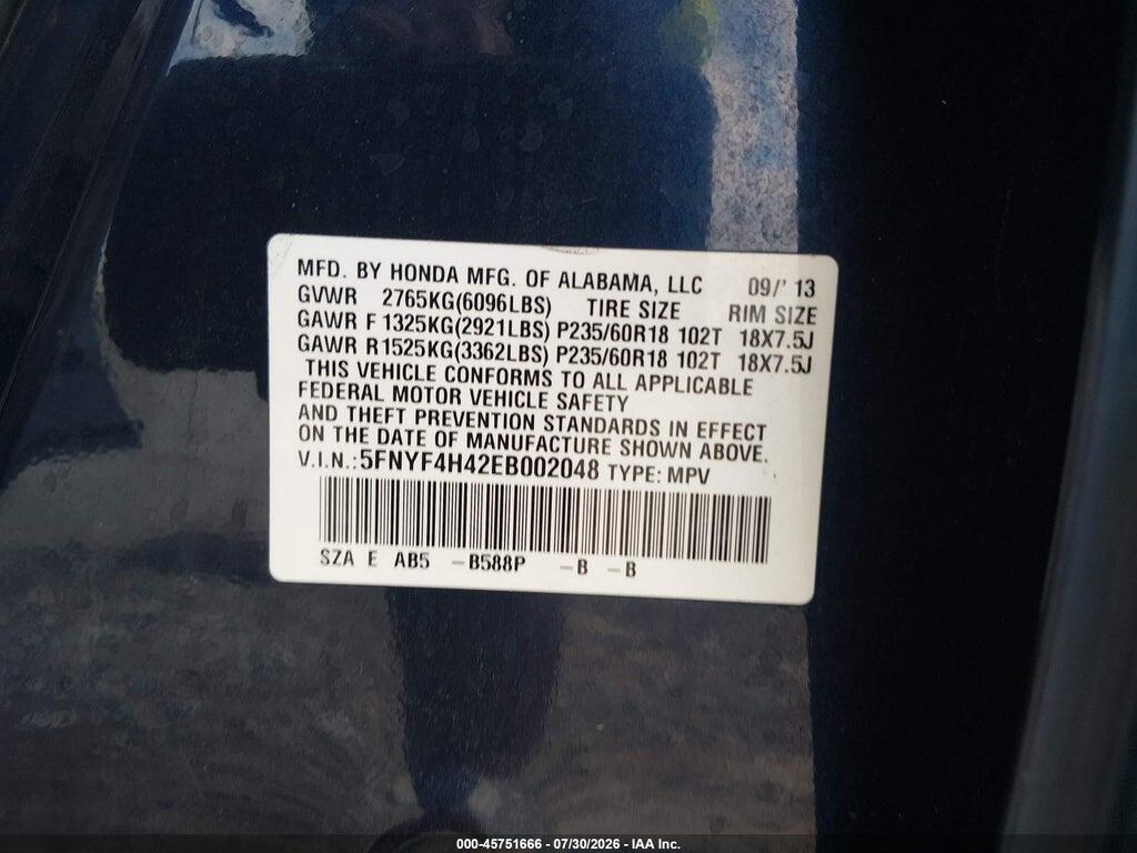 5FNYF4H42EB002048 2014 HONDA PILOT photo no. 9