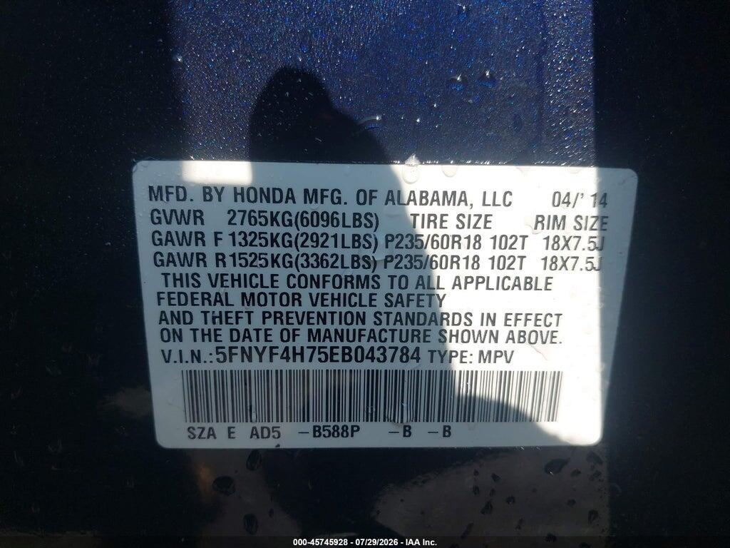 5FNYF4H75EB043784 2014 HONDA PILOT photo no. 9
