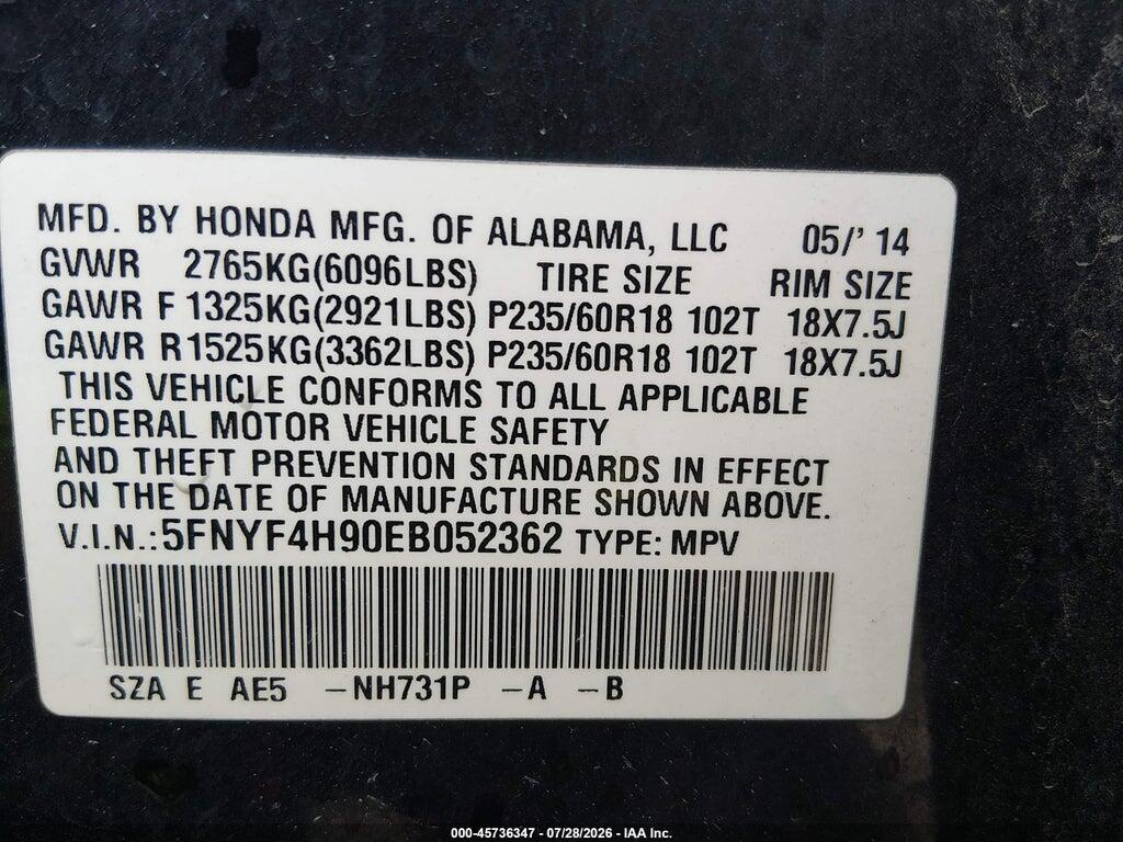 5FNYF4H90EB052362 2014 HONDA PILOT photo no. 9