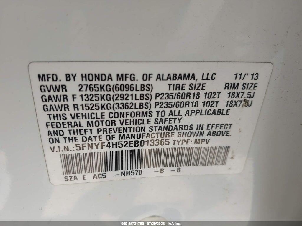 5FNYF4H52EB013365 2014 HONDA PILOT photo no. 9