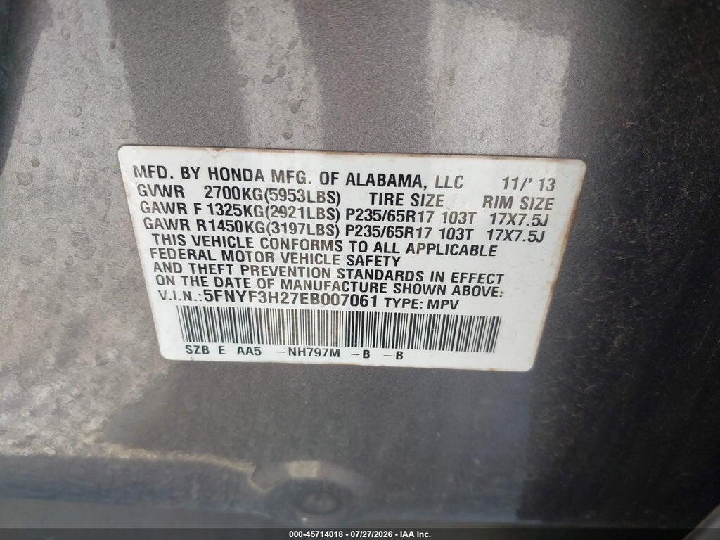 5FNYF3H27EB007061 2014 HONDA PILOT photo no. 9