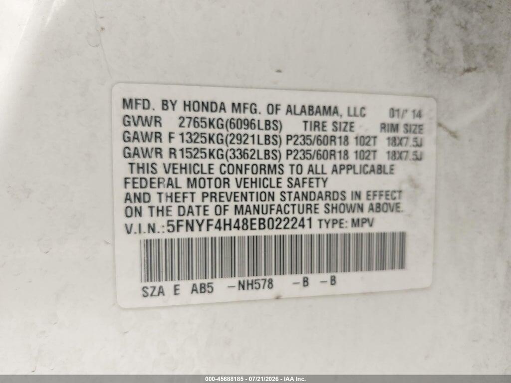 5FNYF4H48EB022241 2014 HONDA PILOT photo no. 9