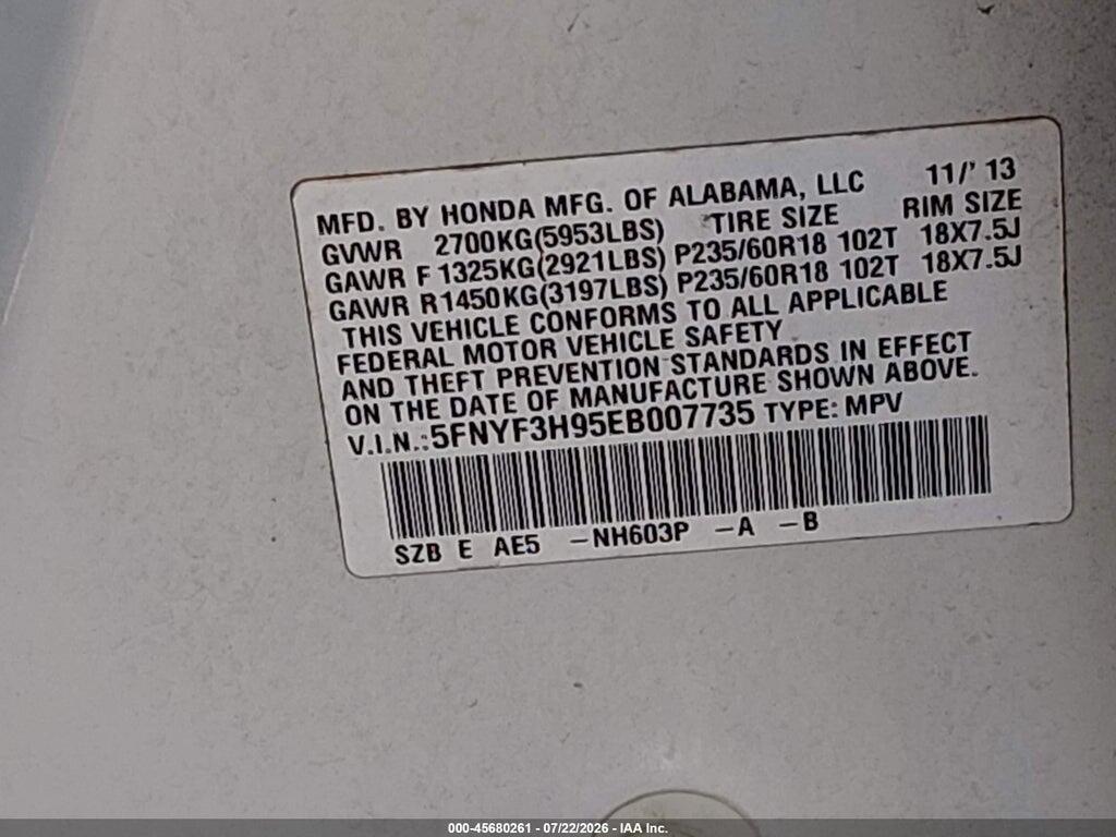 5FNYF3H95EB007735 2014 HONDA PILOT photo no. 9