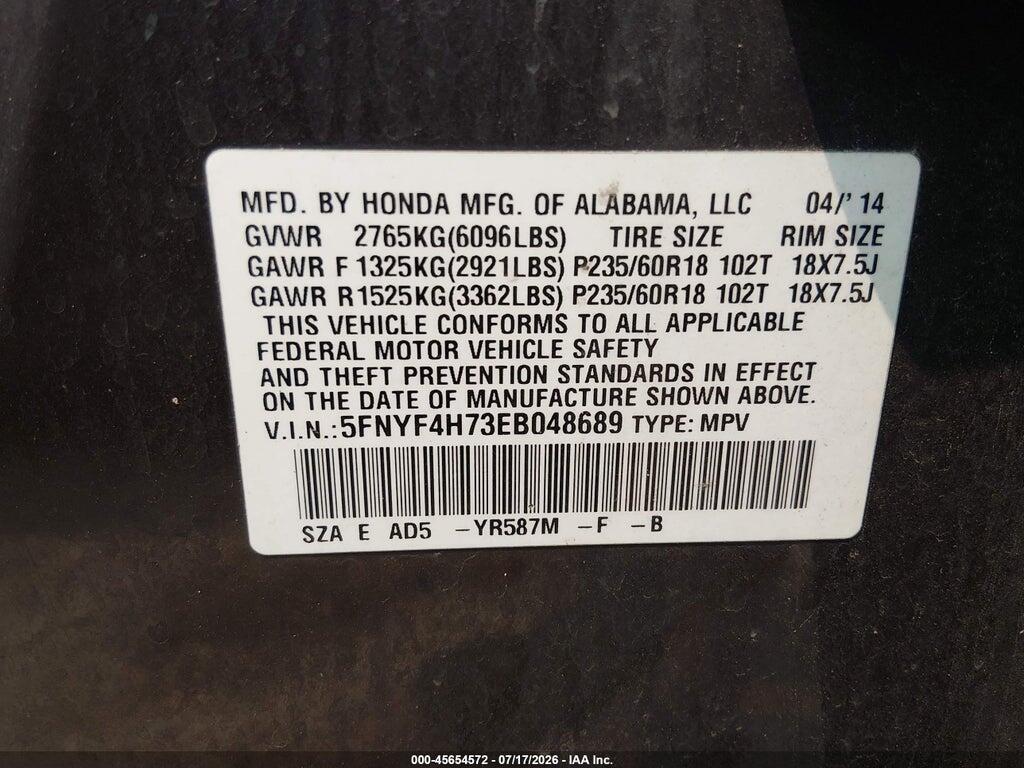 5FNYF4H73EB048689 2014 HONDA PILOT photo no. 9