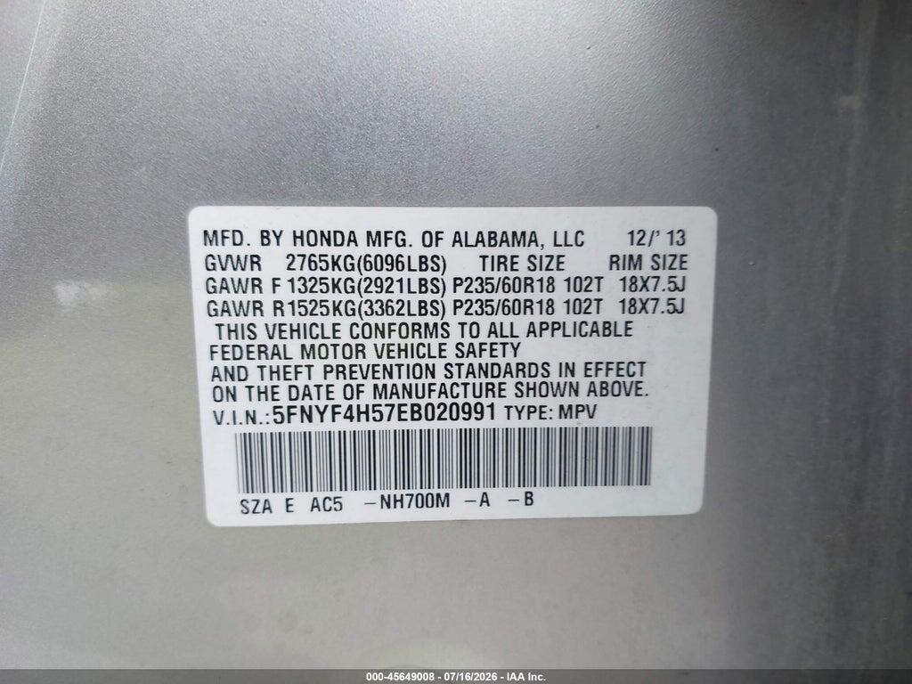 5FNYF4H57EB020991 2014 HONDA PILOT photo no. 9