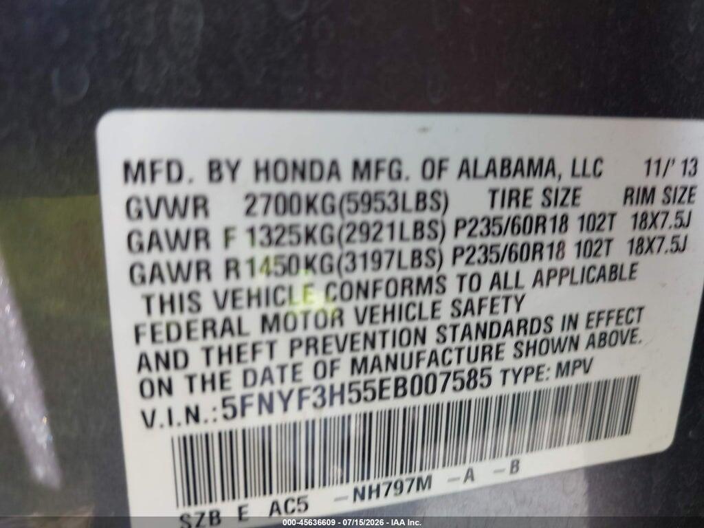 5FNYF3H55EB007585 2014 HONDA PILOT photo no. 9