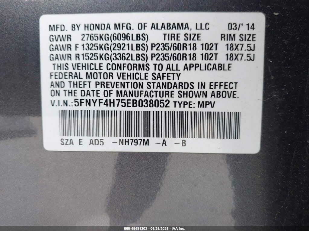 5FNYF4H75EB038052 2014 HONDA PILOT photo no. 9