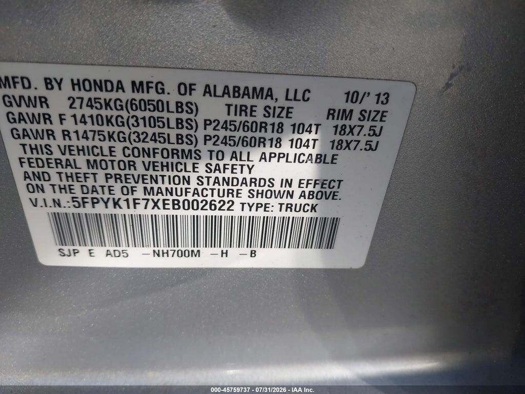 5FPYK1F7XEB002622 2014 HONDA RIDGELINE photo no. 9