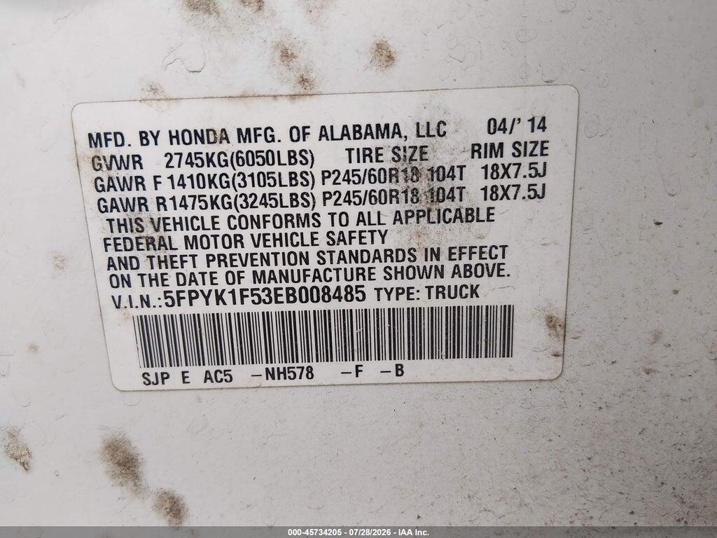 5FPYK1F53EB008485 2014 HONDA RIDGELINE photo no. 9