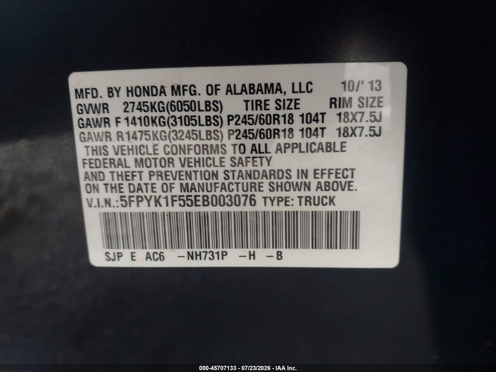 5FPYK1F55EB003076 2014 HONDA RIDGELINE photo no. 9