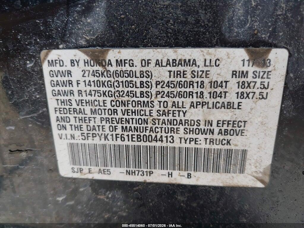 5FPYK1F61EB004413 2014 HONDA RIDGELINE photo no. 9