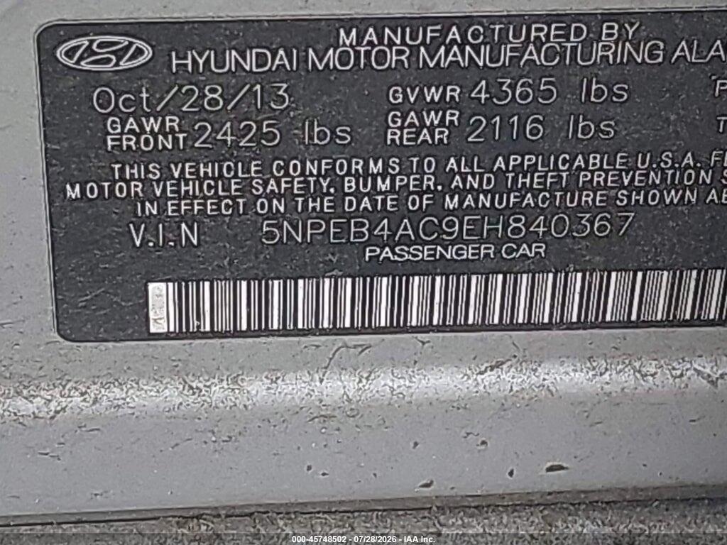 5NPEB4AC9EH840367 2014 HYUNDAI SONATA photo no. 9