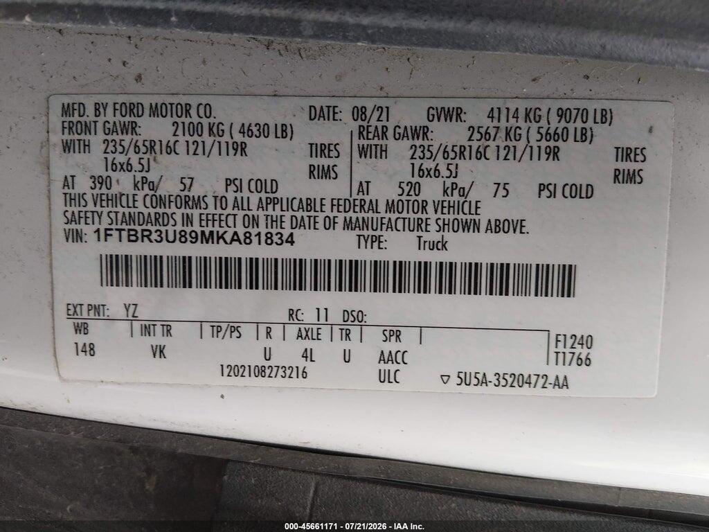 1FTBR3U89MKA81834 2021 FORD TRANSIT-250 CARGO VAN photo no. 9