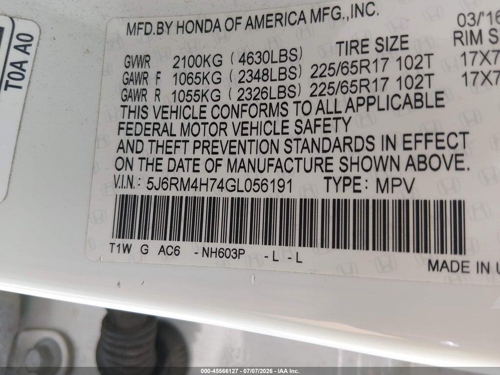5J6RM4H74GL056191 2016 HONDA CR-V photo no. 9