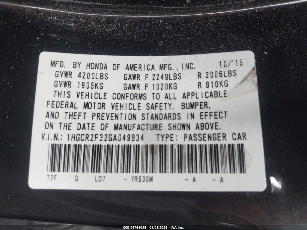1HGCR2F32GA049934 2016 HONDA ACCORD photo no. 9