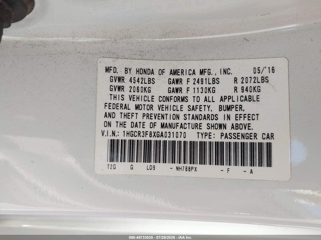 1HGCR3F8XGA031070 2016 HONDA ACCORD photo no. 9