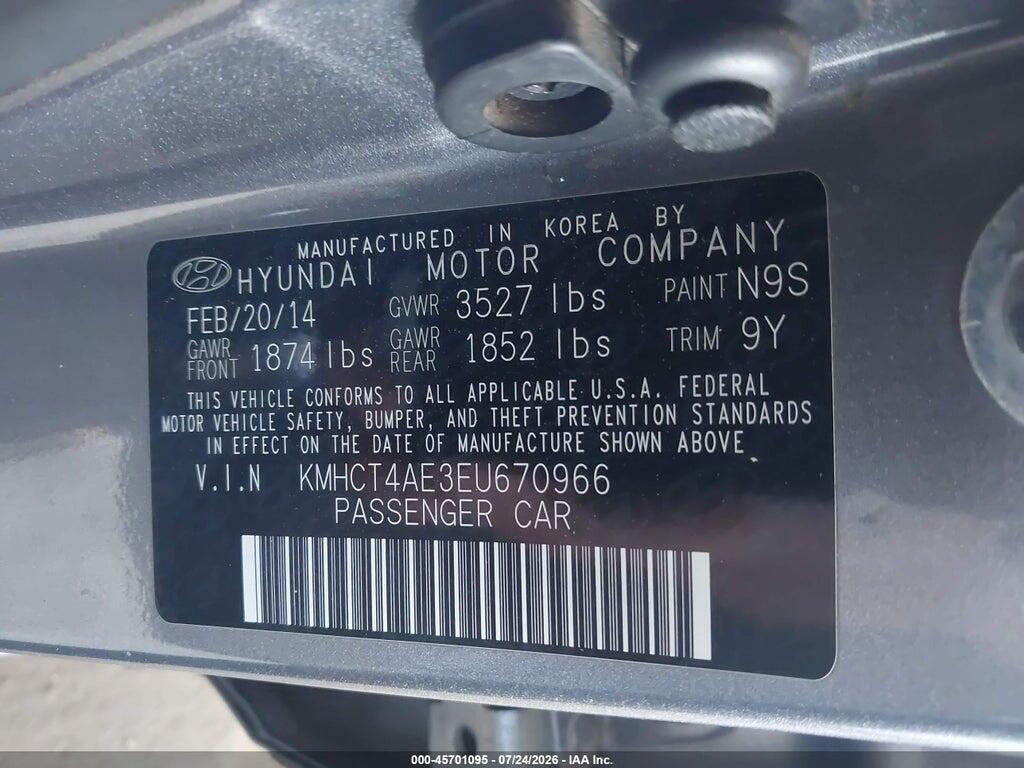 KMHCT4AE3EU670966 2014 HYUNDAI ACCENT photo no. 9