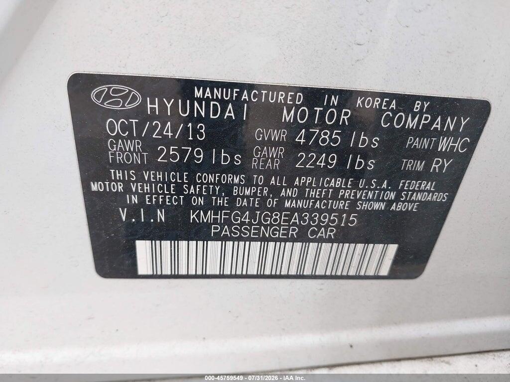 KMHFG4JG8EA339515 2014 HYUNDAI AZERA photo no. 9