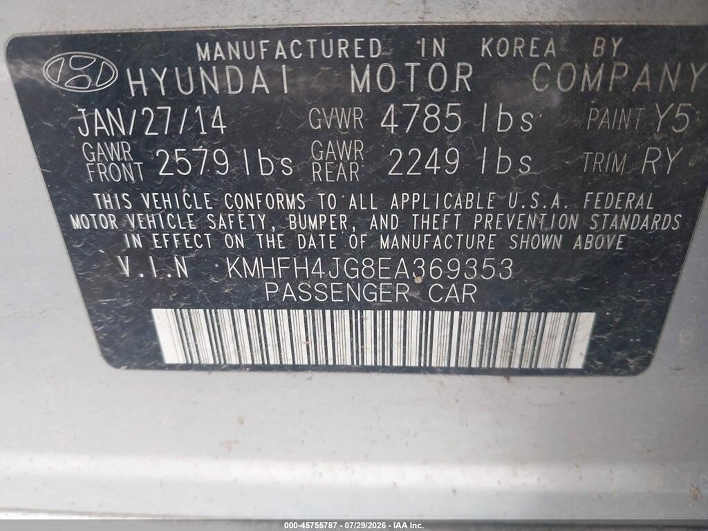 KMHFH4JG8EA369353 2014 HYUNDAI AZERA photo no. 9