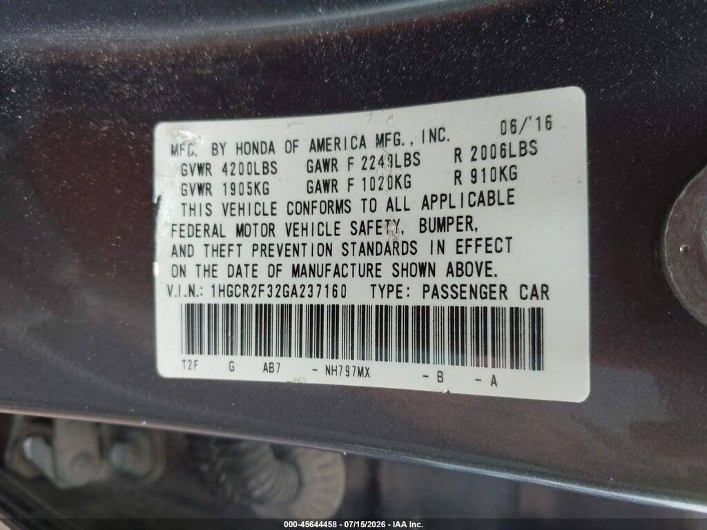 1HGCR2F32GA237160 2016 HONDA ACCORD photo no. 9