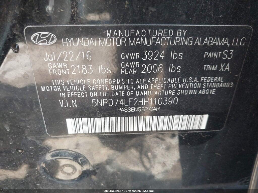 5NPD74LF2HH110390 2017 HYUNDAI ELANTRA photo no. 9