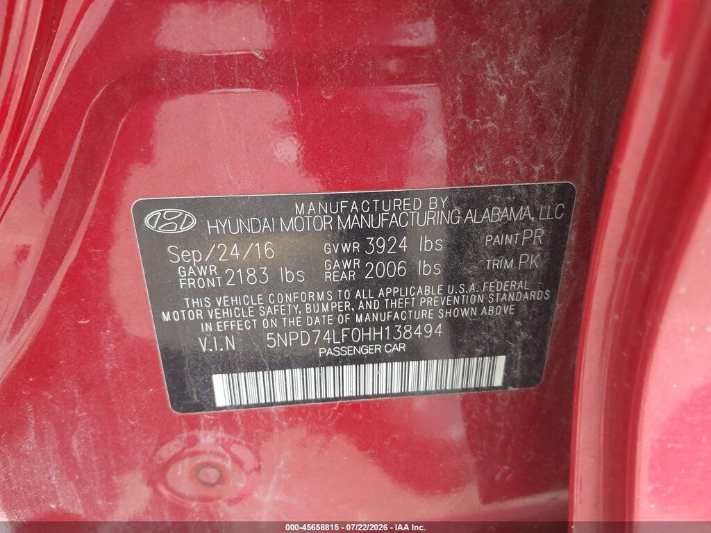 5NPD74LF0HH138494 2017 HYUNDAI ELANTRA photo no. 9
