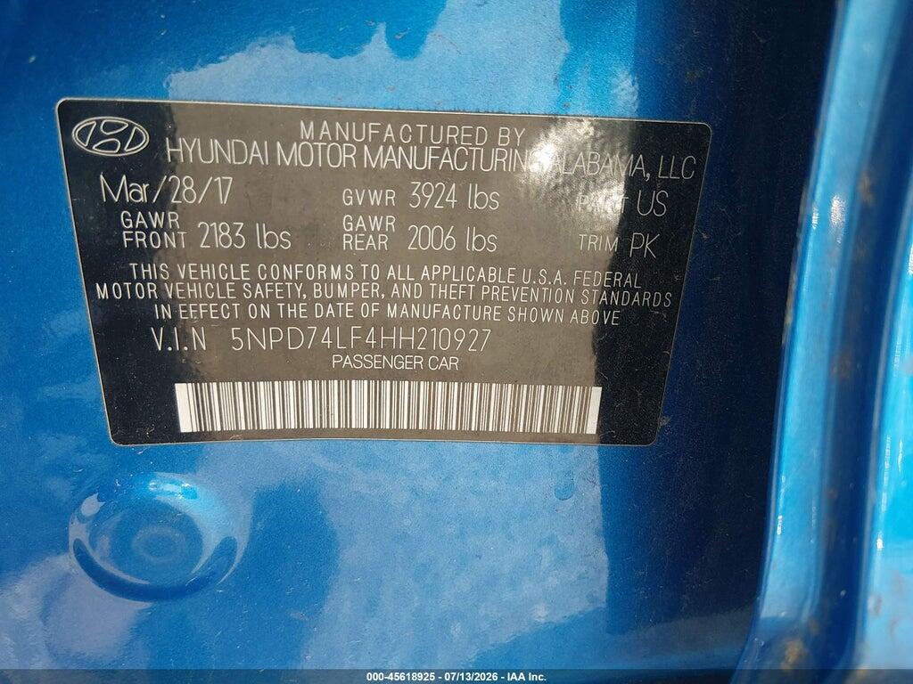 5NPD74LF4HH210927 2017 HYUNDAI ELANTRA photo no. 9