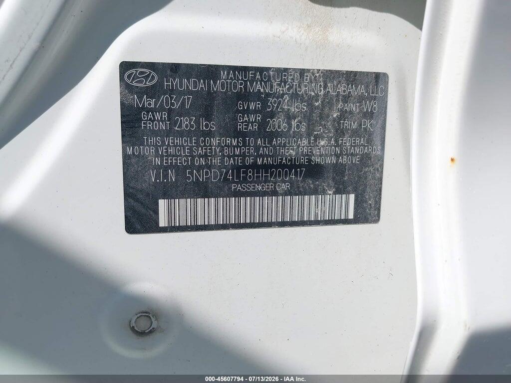 5NPD74LF8HH200417 2017 HYUNDAI ELANTRA photo no. 9