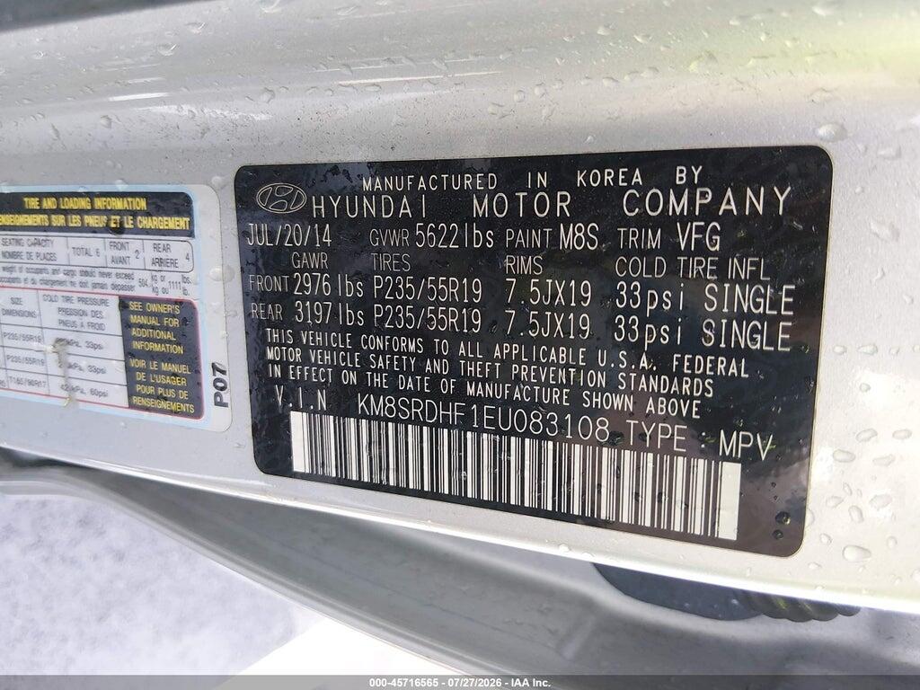 KM8SRDHF1EU083108 2014 HYUNDAI SANTA FE photo no. 9