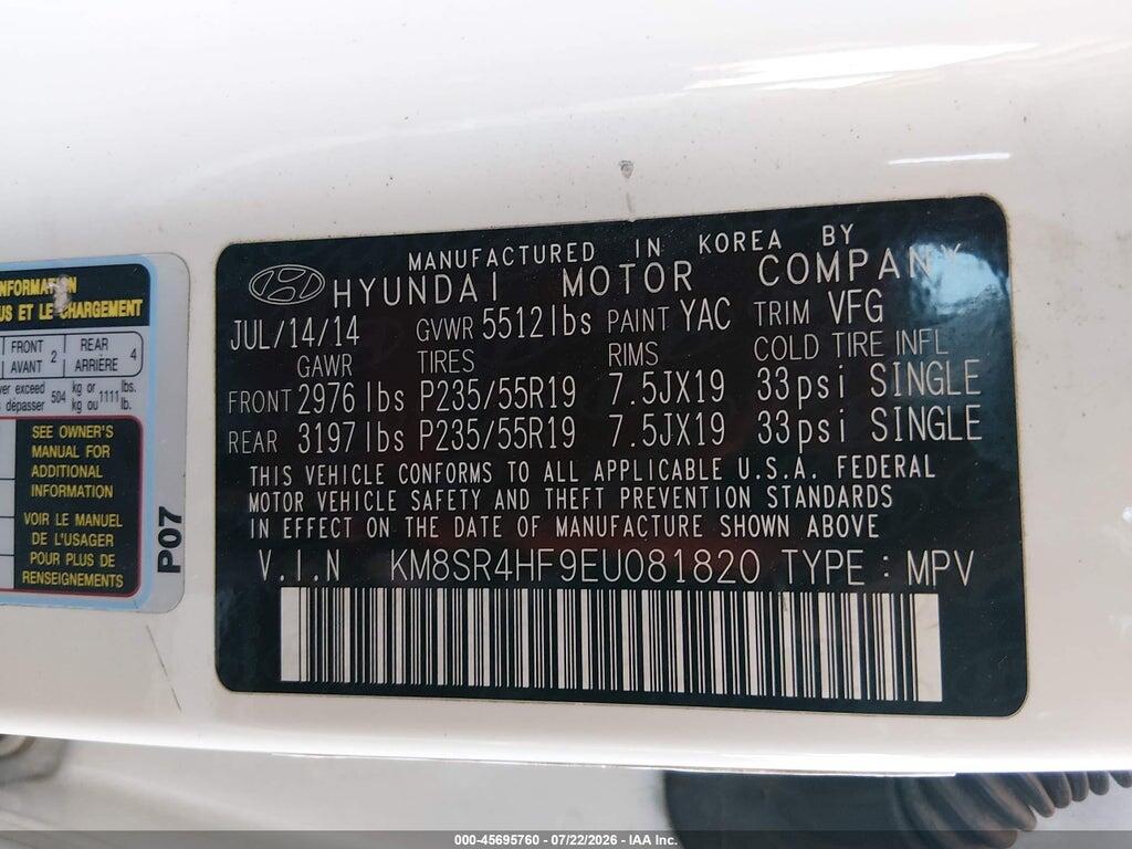 KM8SR4HF9EU081820 2014 HYUNDAI SANTA FE photo no. 9
