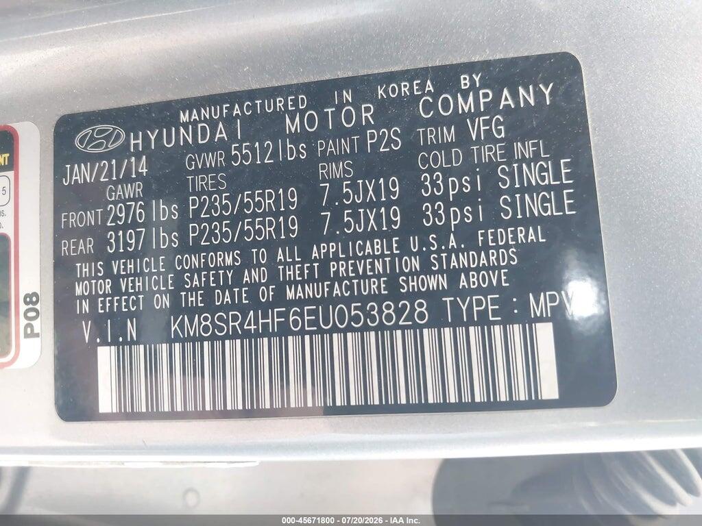KM8SR4HF6EU053828 2014 HYUNDAI SANTA FE photo no. 9