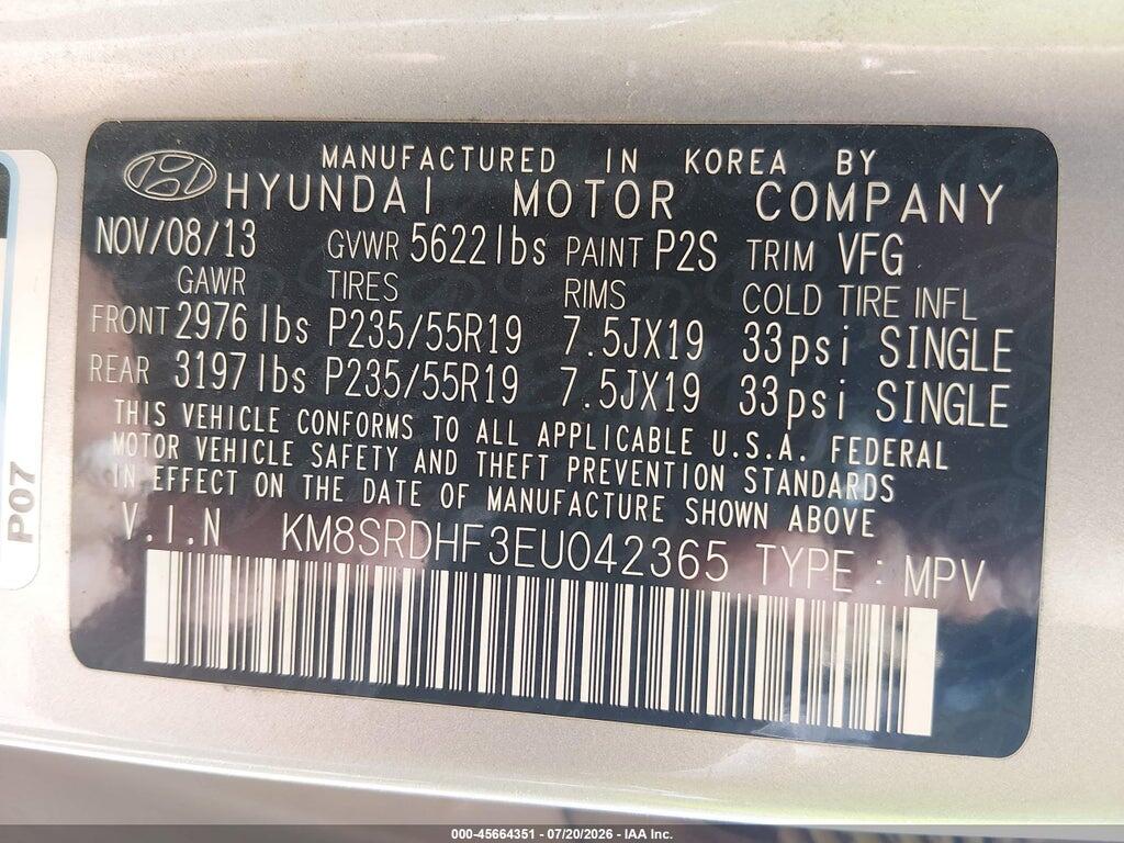 KM8SRDHF3EU042365 2014 HYUNDAI SANTA FE photo no. 9