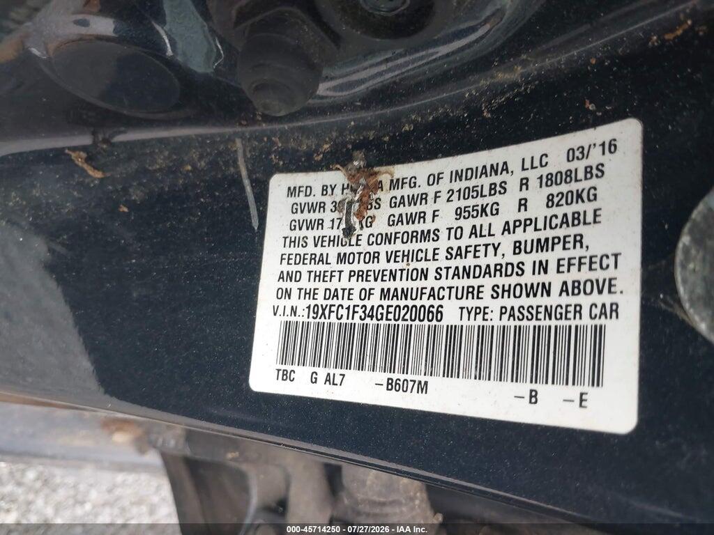 19XFC1F34GE020066 2016 HONDA CIVIC photo no. 9