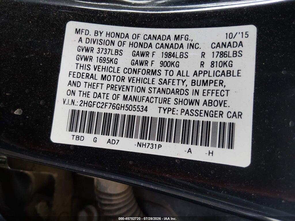 2HGFC2F76GH505534 2016 HONDA CIVIC photo no. 9