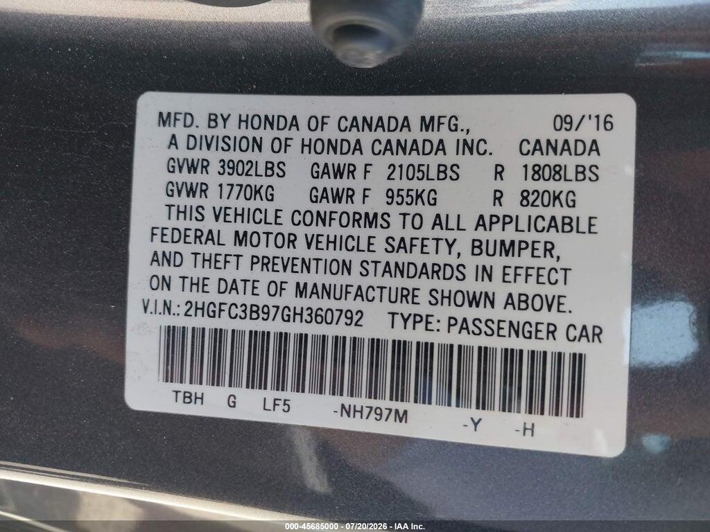 2HGFC3B97GH360792 2016 HONDA CIVIC photo no. 9