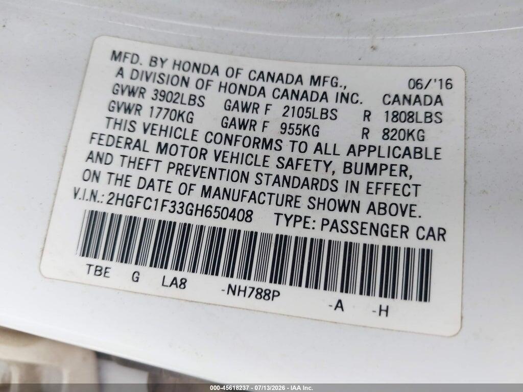 2HGFC1F33GH650408 2016 HONDA CIVIC photo no. 9