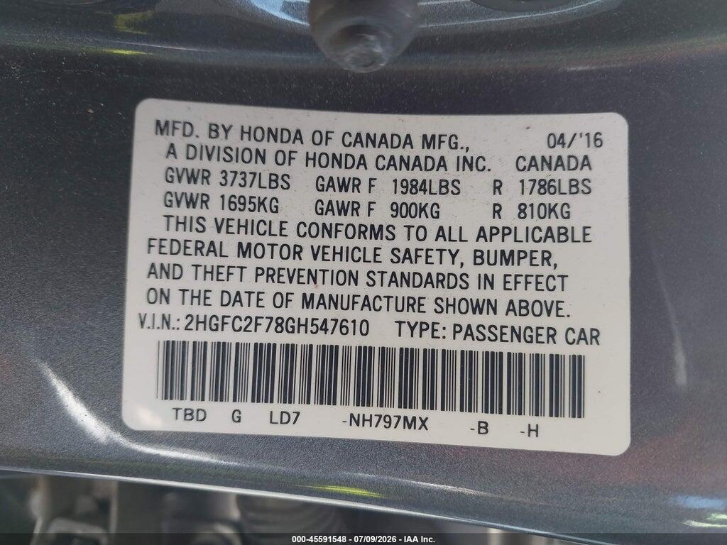 2HGFC2F78GH547610 2016 HONDA CIVIC photo no. 9