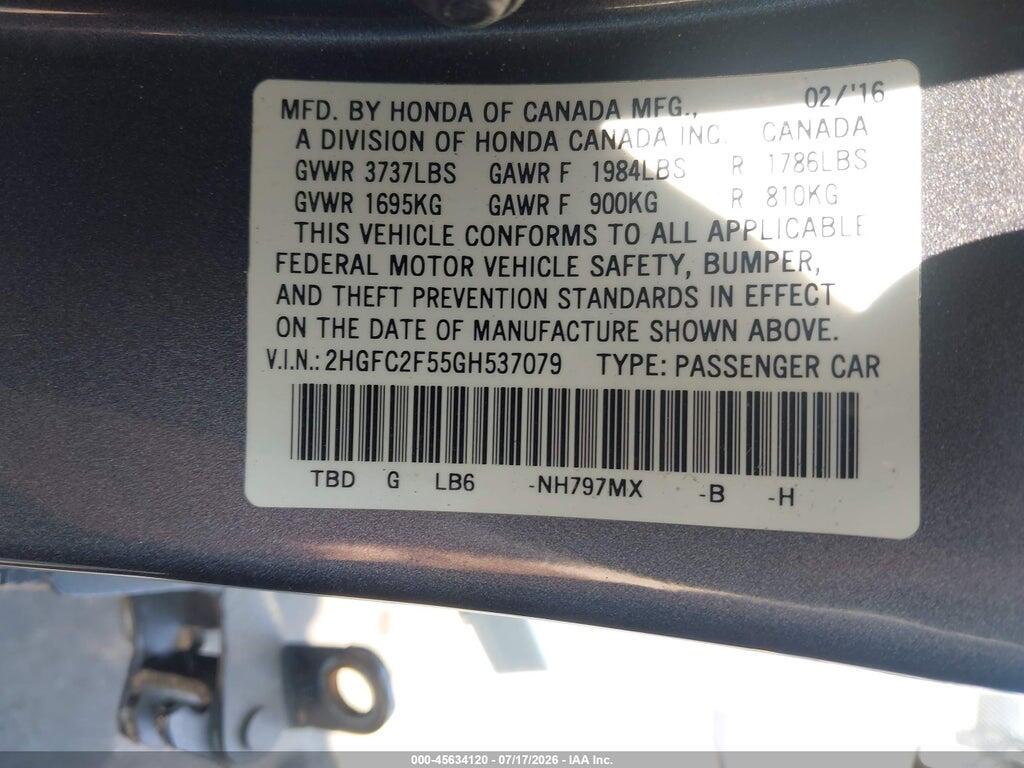 2HGFC2F55GH537079 2016 HONDA CIVIC photo no. 9