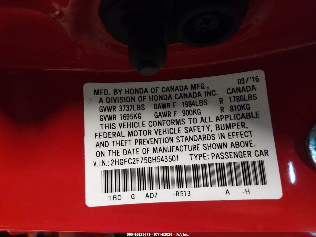 2HGFC2F75GH543501 2016 HONDA CIVIC photo no. 9