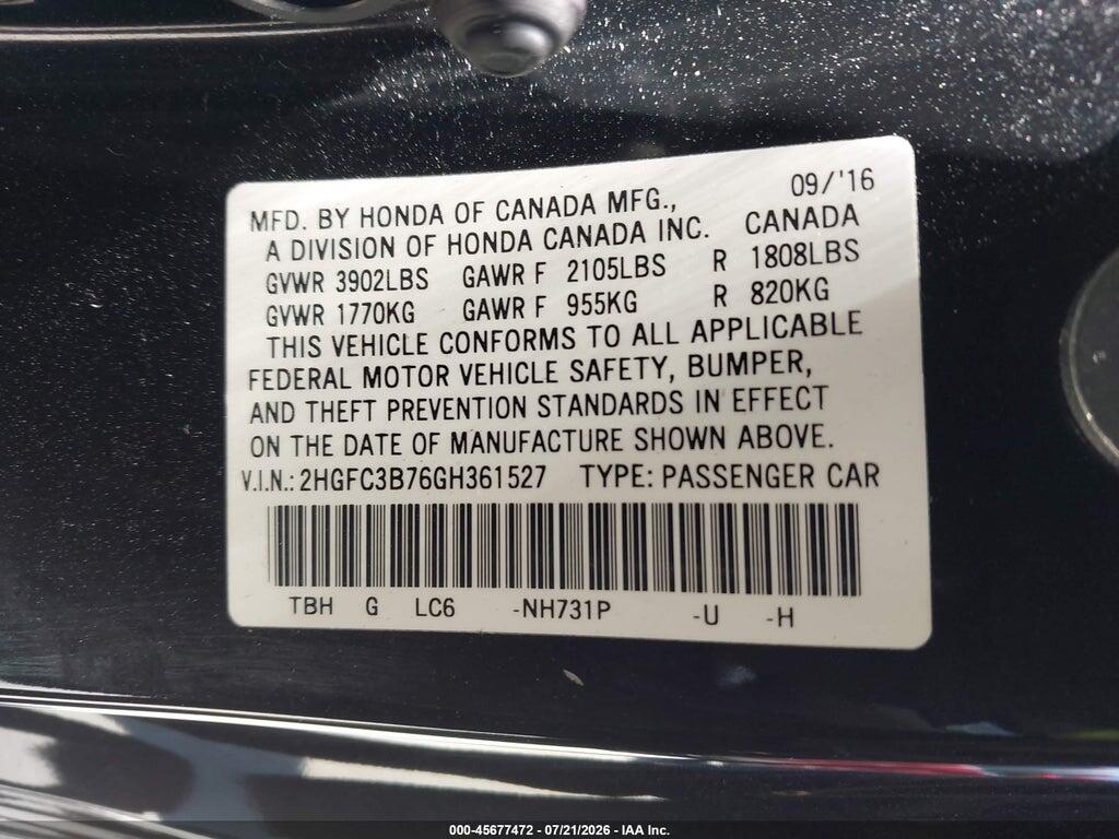 2HGFC3B76GH361527 2016 HONDA CIVIC photo no. 9