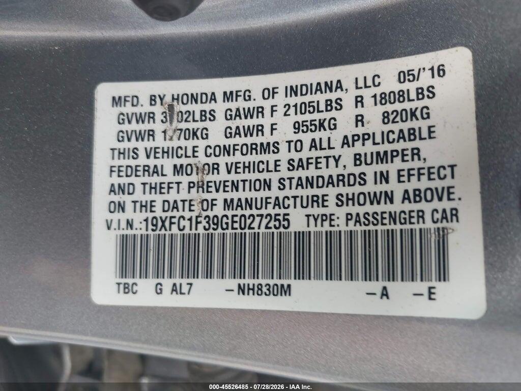 19XFC1F39GE027255 2016 HONDA CIVIC photo no. 9