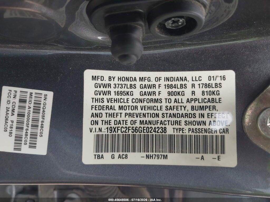 19XFC2F56GE024238 2016 HONDA CIVIC photo no. 9
